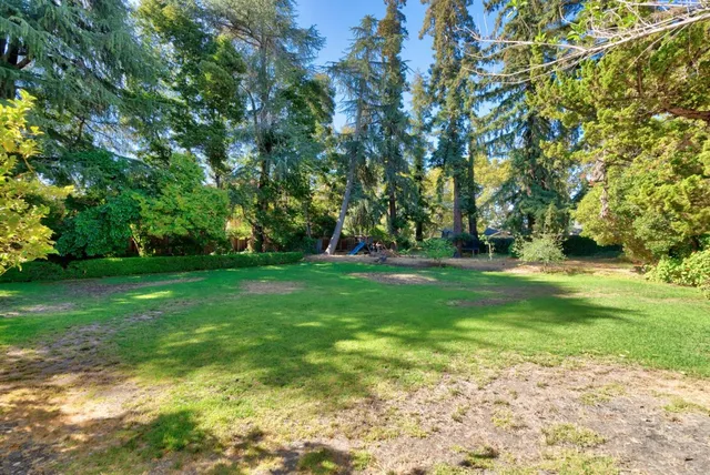 a view of backyard with wooden fence