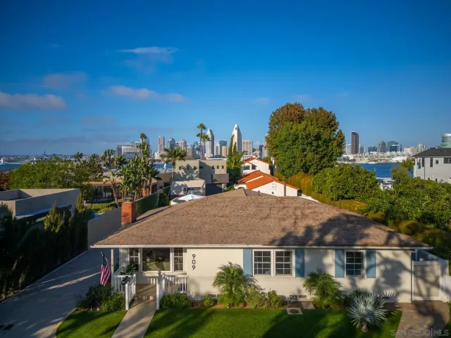 a aerial view of a house with a yard and lake view