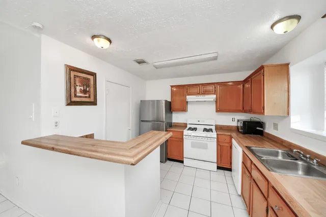 a kitchen with a stove a sink and a refrigerator