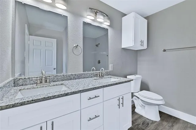 a bathroom with a granite countertop sink a toilet and a mirror