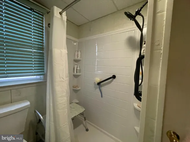 a bathroom with a shower and toilet