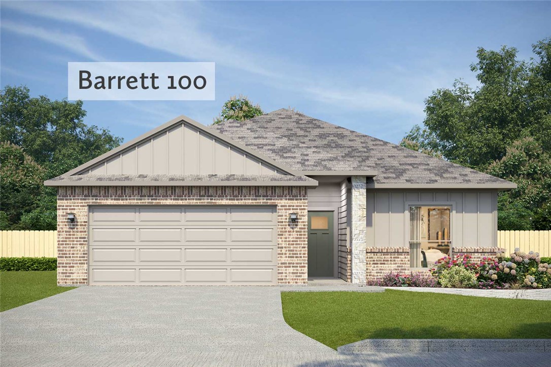 View of front of house featuring board and batten siding, driveway, brick siding, a shingled roof, and a garage
