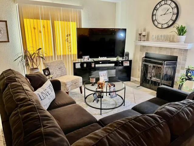 a living room with furniture a fireplace and a flat screen tv
