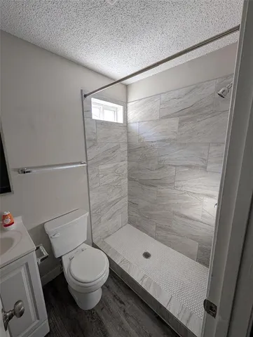 a bathroom with a sink vanity and toilet