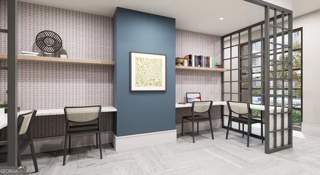 a dining room with furniture and window