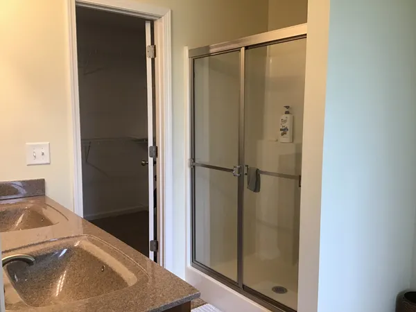 a bathroom with a sink and a shower