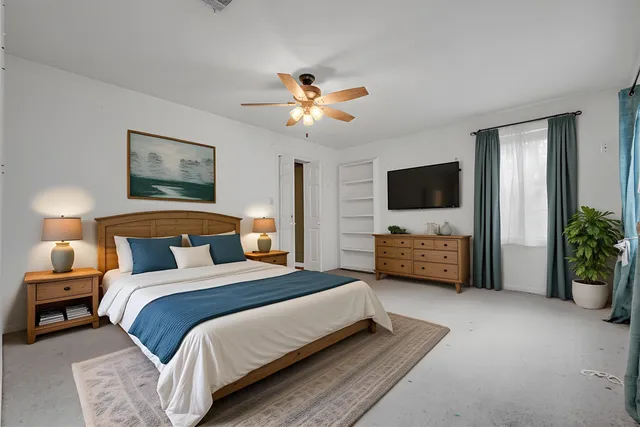 a bedroom with bed a flat tv and a couch