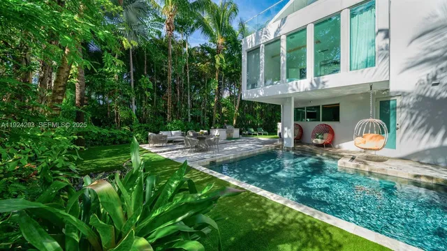 a view of a garden with a patio