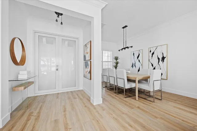a view of a dining room with furniture
