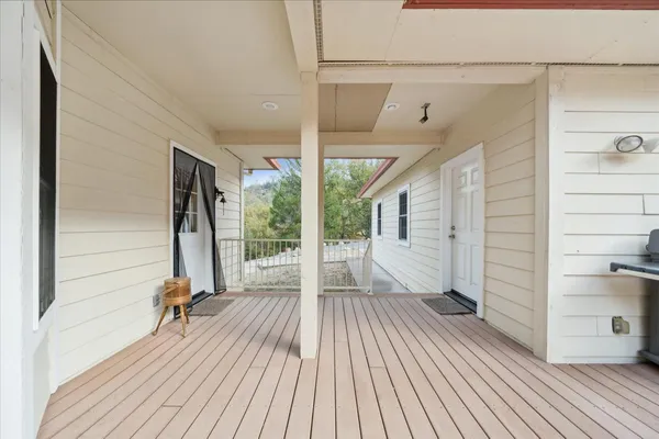 a view of a forest with a mountain in the background