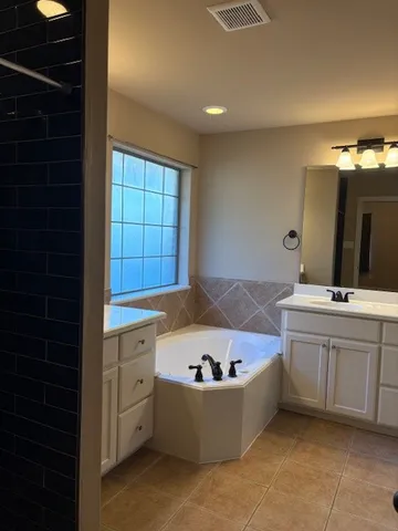 a bathroom with a bathtub sink and mirror