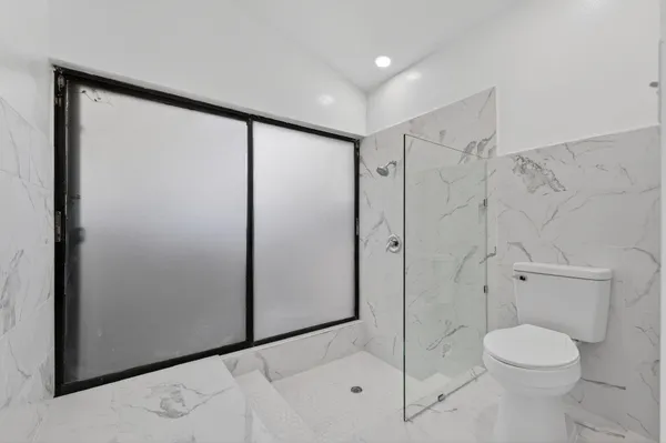 a bathroom with a shower and a toilet