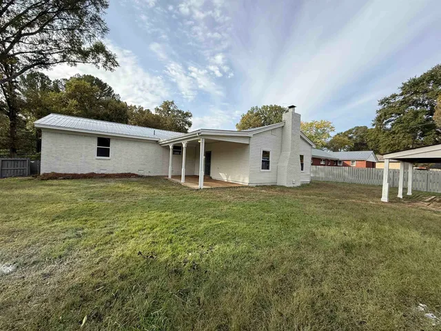 a view of a backyard with plants and large tree