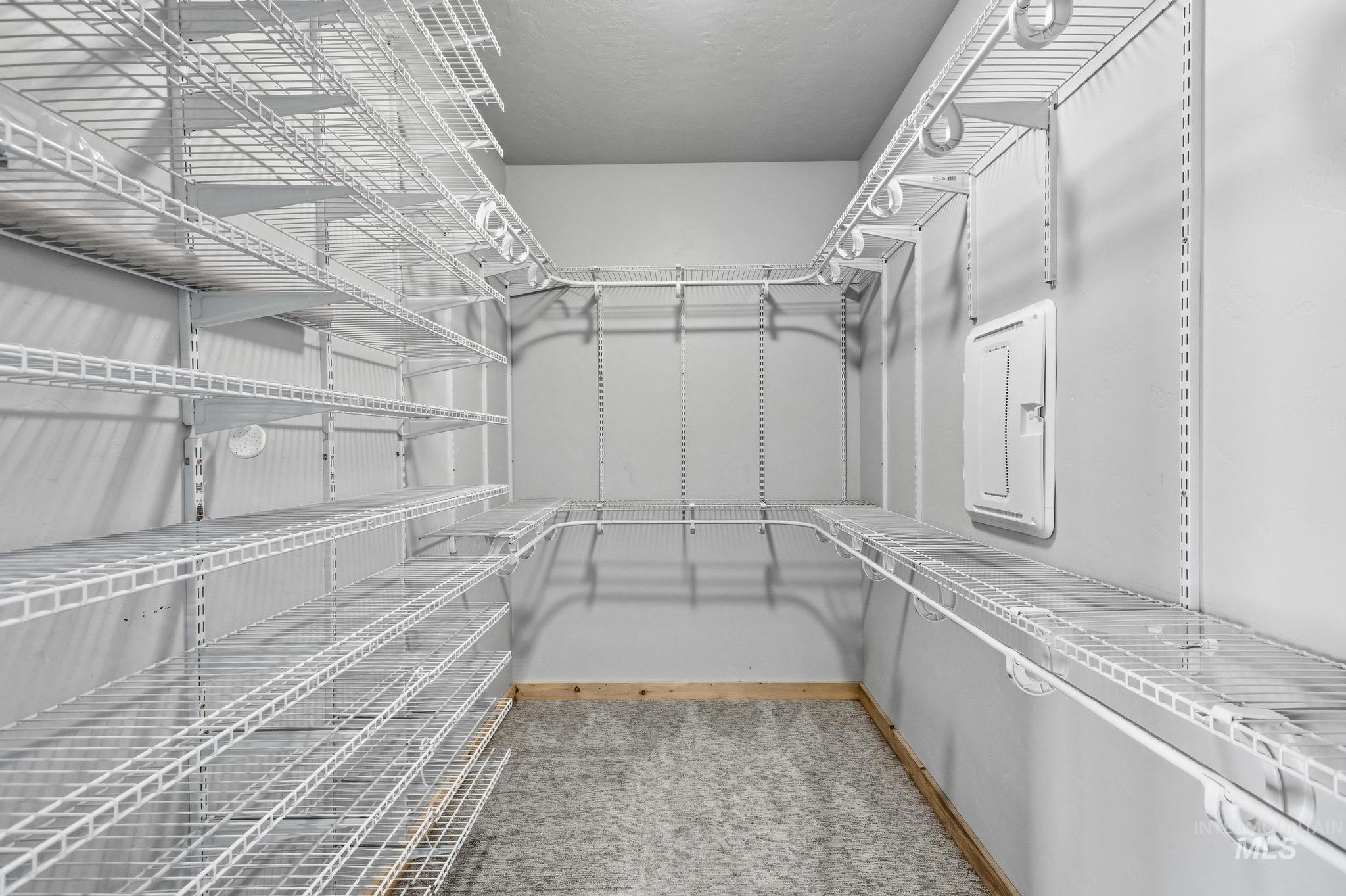 870 Desert Wind Road Boise, ID 83716 - Photo 24 of 50 Walk-in closet featuring extensive wire shelving, hanging rods, light gray walls, and carpet flooring