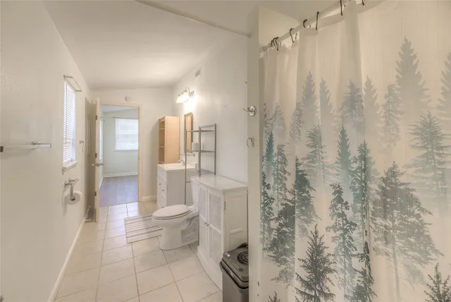 a bathroom with a shower and a toilet