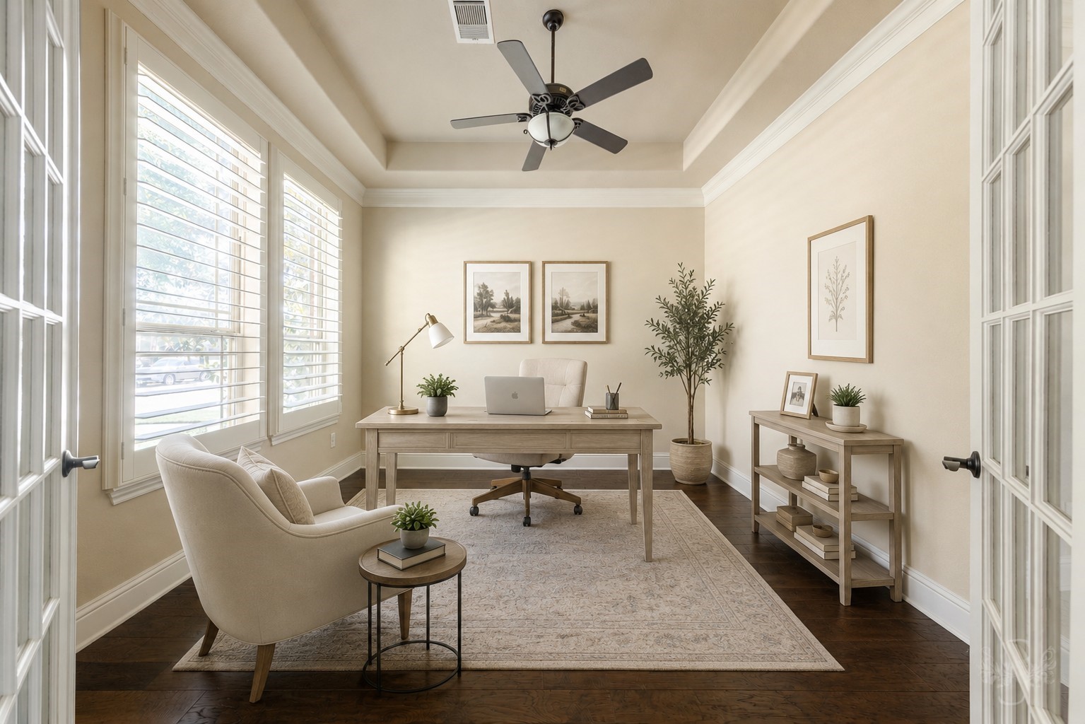 5803 Mustang Ridge Lane Fulshear, TX 77441 - Photo 6 of 50 Private study with French doors offers a quiet, light-filled space ideal for working from home or a reading lounge. Wood flooring, plantation shutters and crown molding add timeless character to the room.