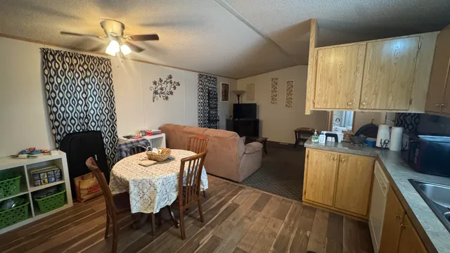 a living room with furniture a dining table and a fireplace