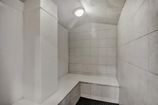 a bathroom with a shower and a toilet