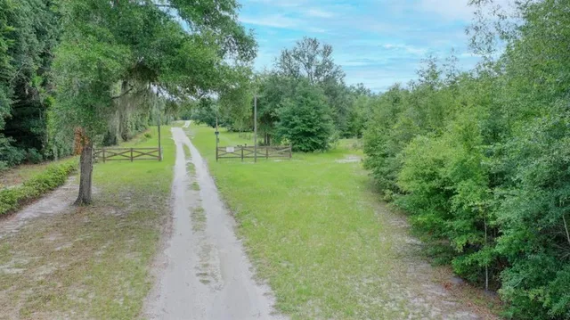 a view of a pathway with a park
