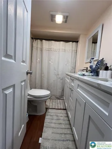 a bathroom with a sink a toilet and a mirror