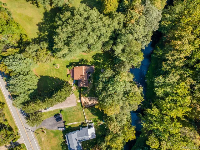 a view of a lush green field with mountains in the background