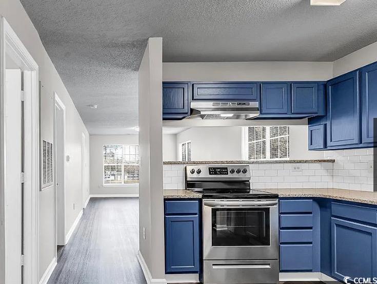 4246 Villas Drive, Unit 706 Little River, SC 29566 - Photo 4 of 20 Kitchen featuring blue cabinetry, a textured ceiling, stainless steel electric range oven, tasteful backsplash, and light stone countertops