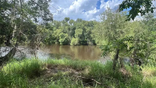 a view of a lake in between the top of green space