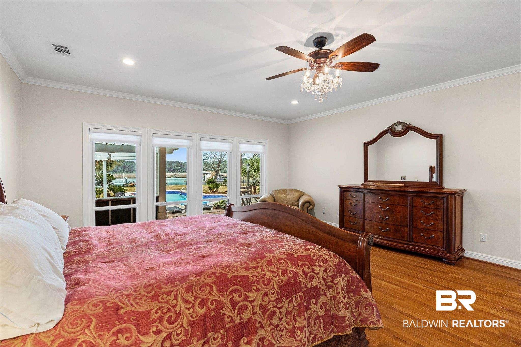 4851 Audubon Drive Mobile, AL 36619 - Photo 14 of 46 Bedroom with ornamental molding, wood finished floors, ceiling fan, and recessed lighting