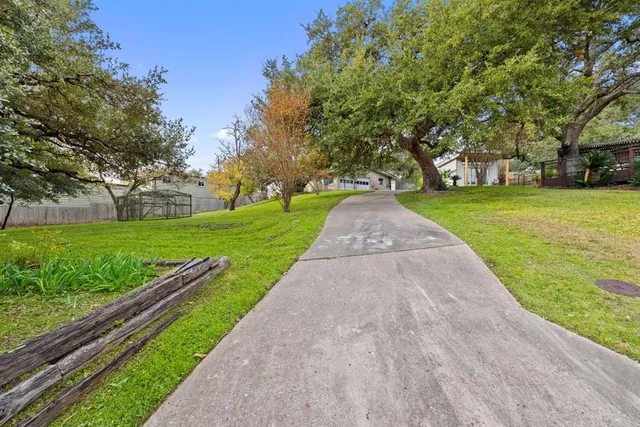 a view of a park with large trees