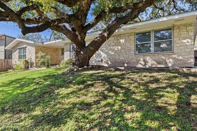 a view of a yard in front of a house with a large tree
