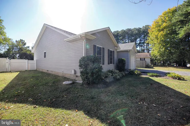a backyard of a house with plants and large tree