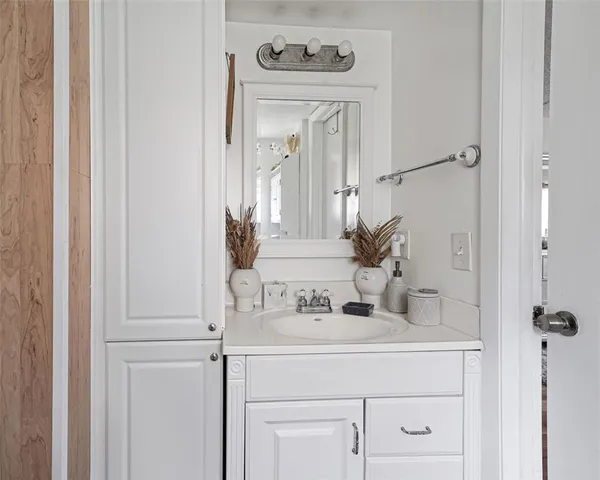 a bathroom with a sink vanity and mirror