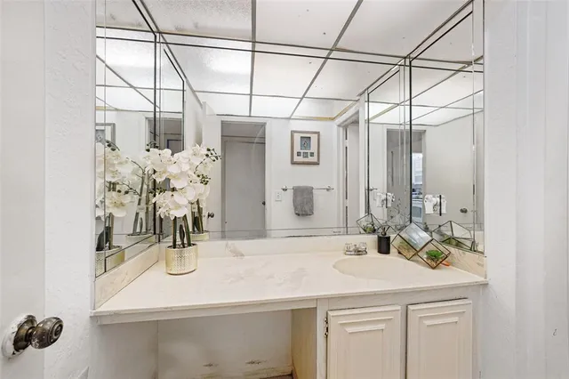 a bathroom with a sink and a mirror