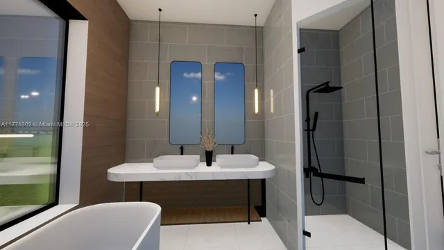 a bathroom with a bathtub and a shower