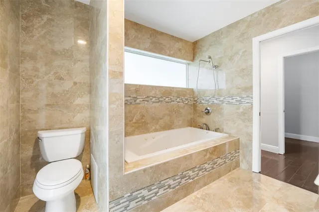 a bathroom with a toilet and a bathtub