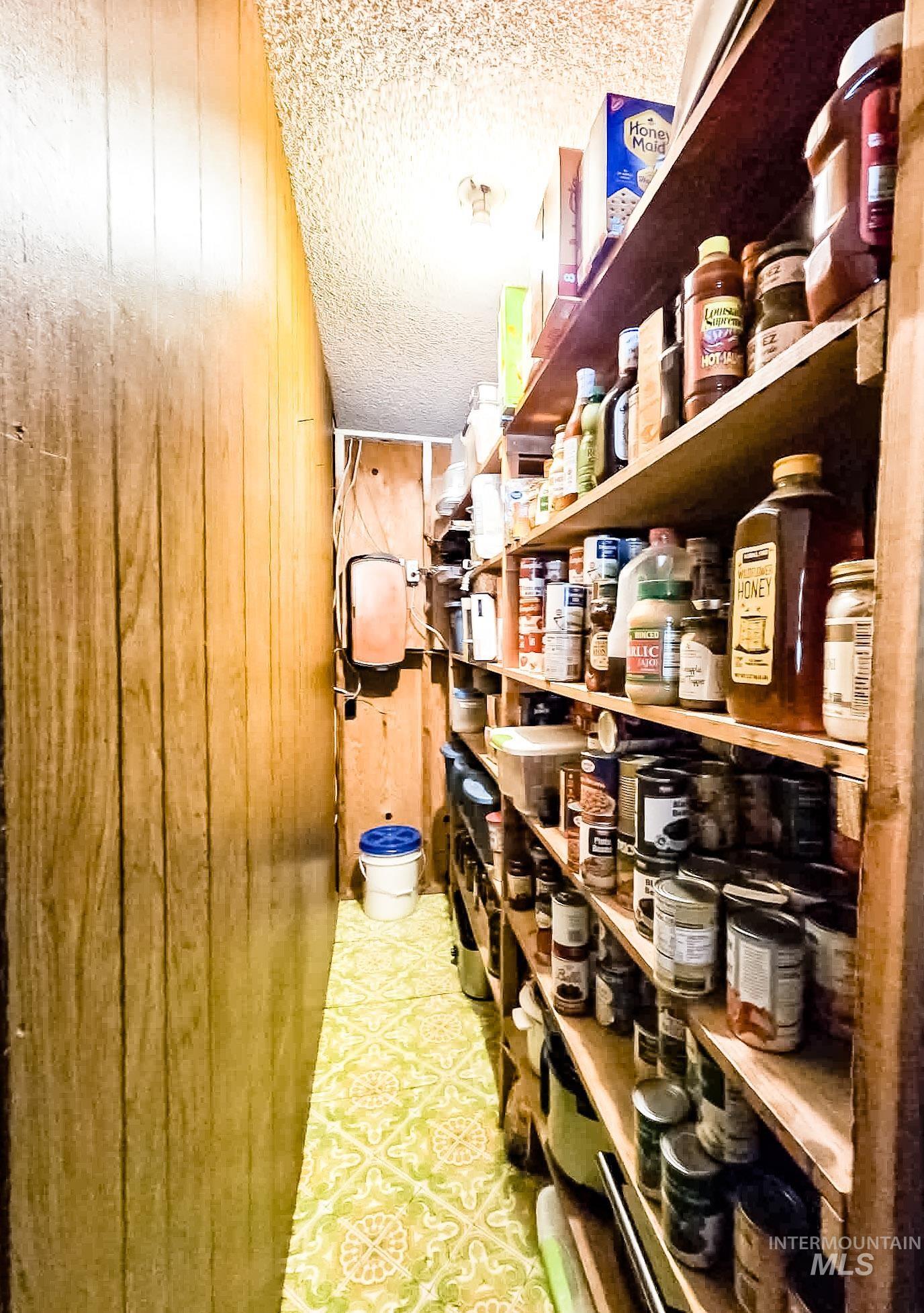 1650 Wells Bench Road Orofino, ID 83544 - Photo 13 of 44 Pantry with multiple wood-finish shelves, textured ceiling, and patterned flooring