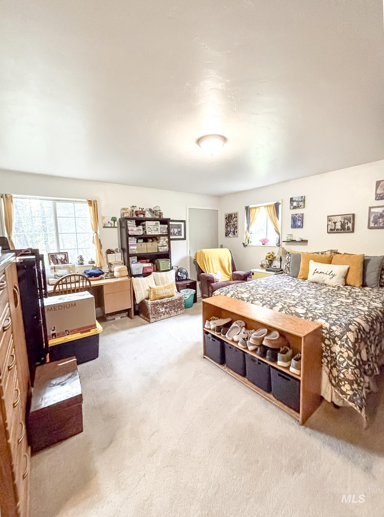 1650 Wells Bench Road Orofino, ID 83544 - Photo 25 of 44 Carpeted room featuring multiple windows with natural light, a ceiling-mounted light fixture, and a solid door