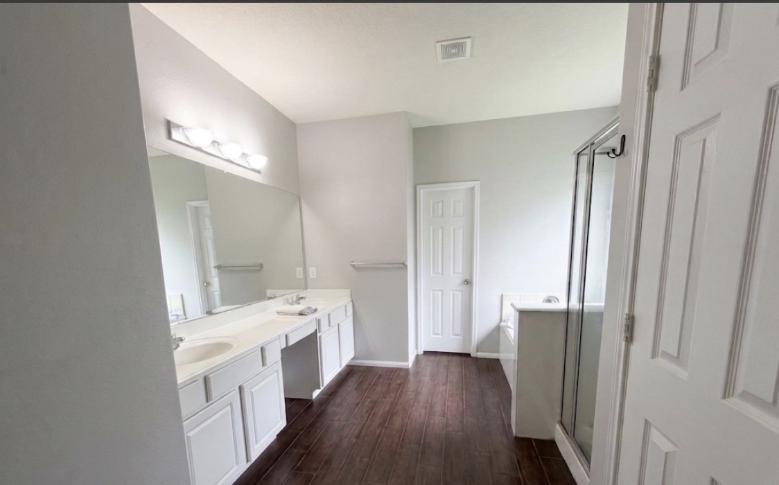 9908 Climbing Tree Street Conroe, TX 77385 - Photo 11 of 26 a bathroom with a sink a mirror and a shower