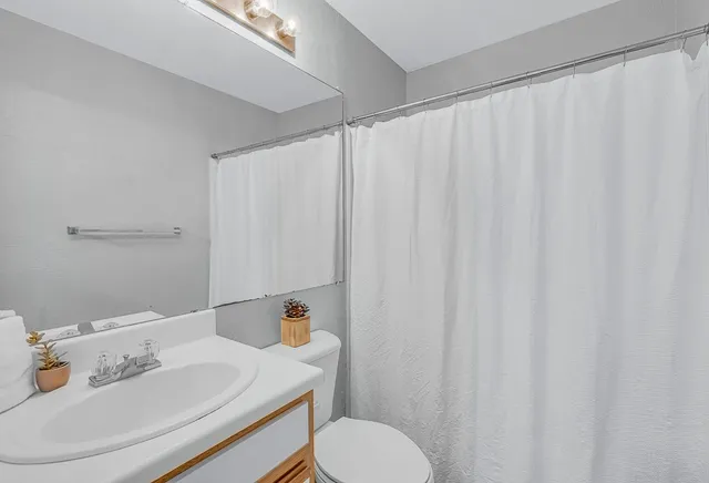 a bathroom with a sink a toilet and shower curtain