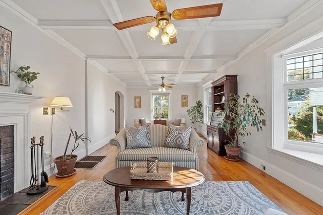 a living room with furniture and a potted plant