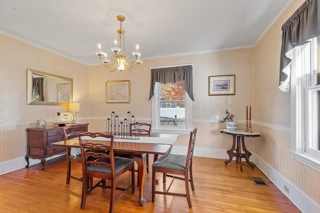a view of a dining room with furniture and wooden floor