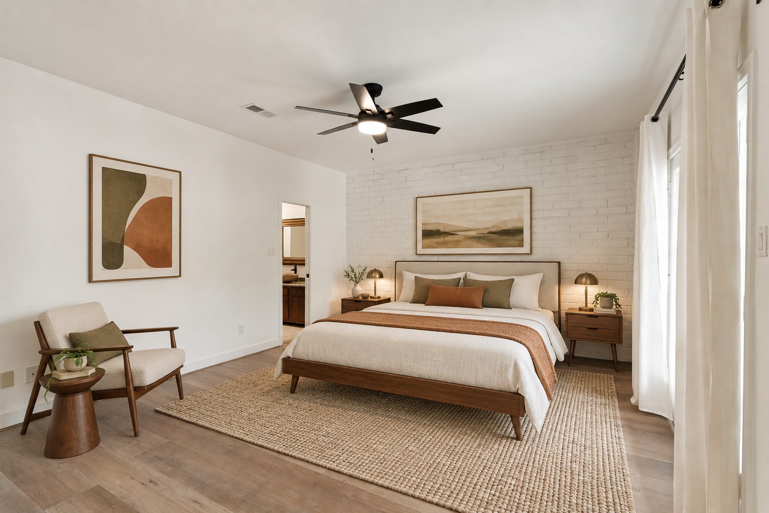 153 Sage Road Houston, TX 77056 - Photo 22 of 36 This upstairs secondary bedroom #1 features new luxury vinyl plank flooring, an updated ceiling fan and French doors opening to a wide private balcony with space for outdoor seating. This photo has been virtually staged.