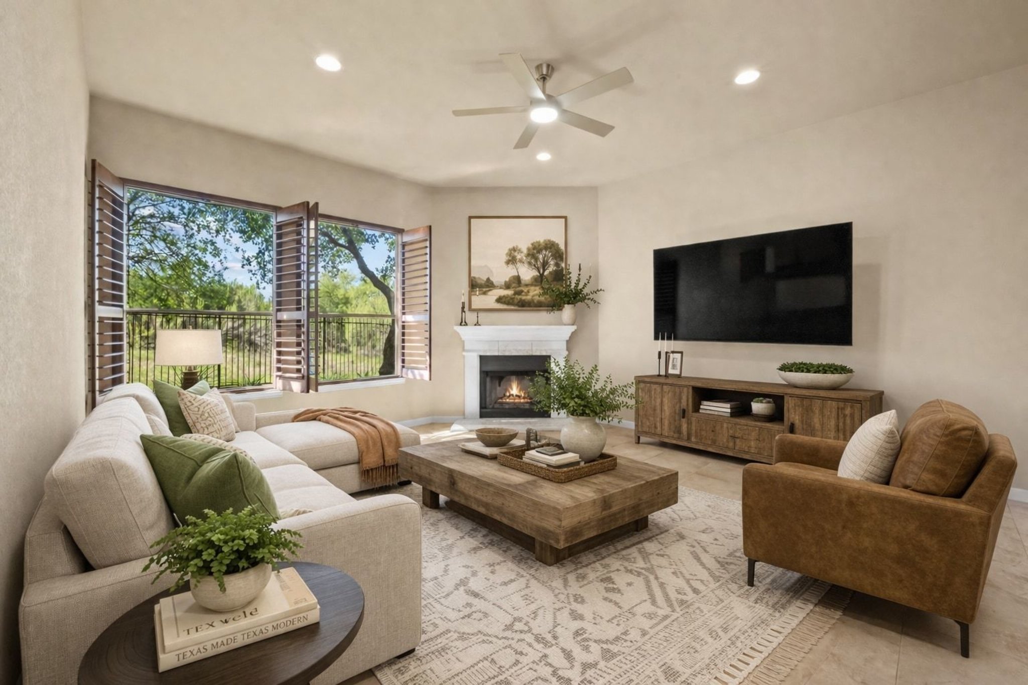 22204 Red Yucca Road Spicewood, TX 78669 - Photo 11 of 34 Living room featuring ceiling fan, a lit fireplace, and recessed lighting