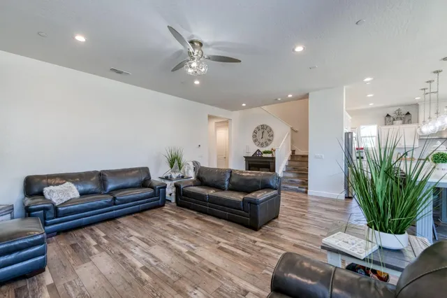 a living room with furniture potted plant and a window