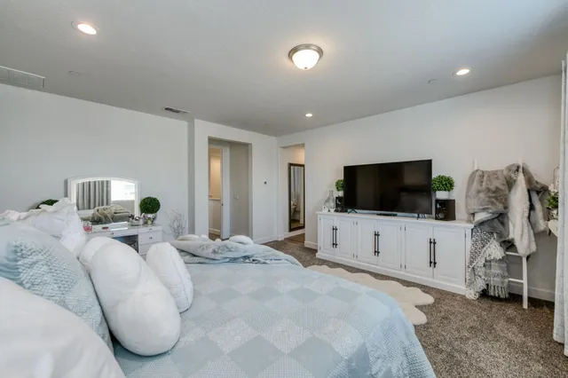 a bedroom with bed a flat tv and a couch