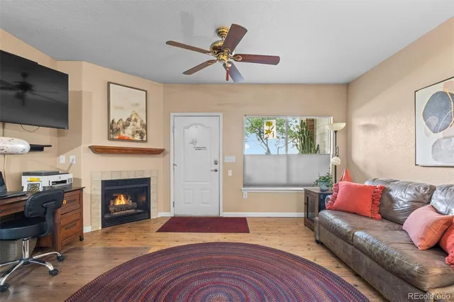a living room with furniture and a fireplace