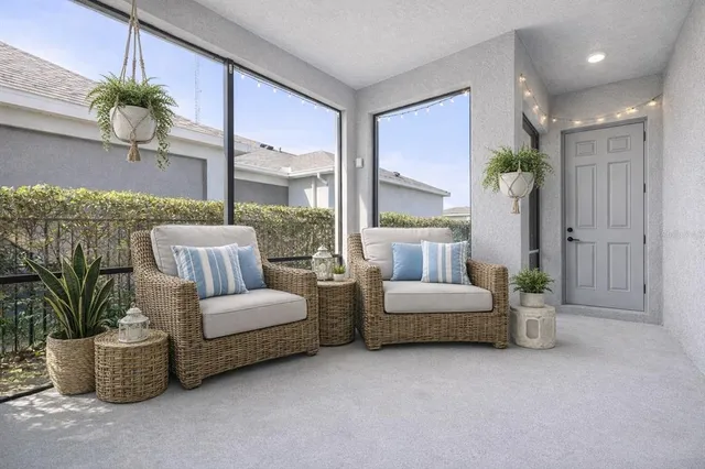 a living room with furniture and a potted plant