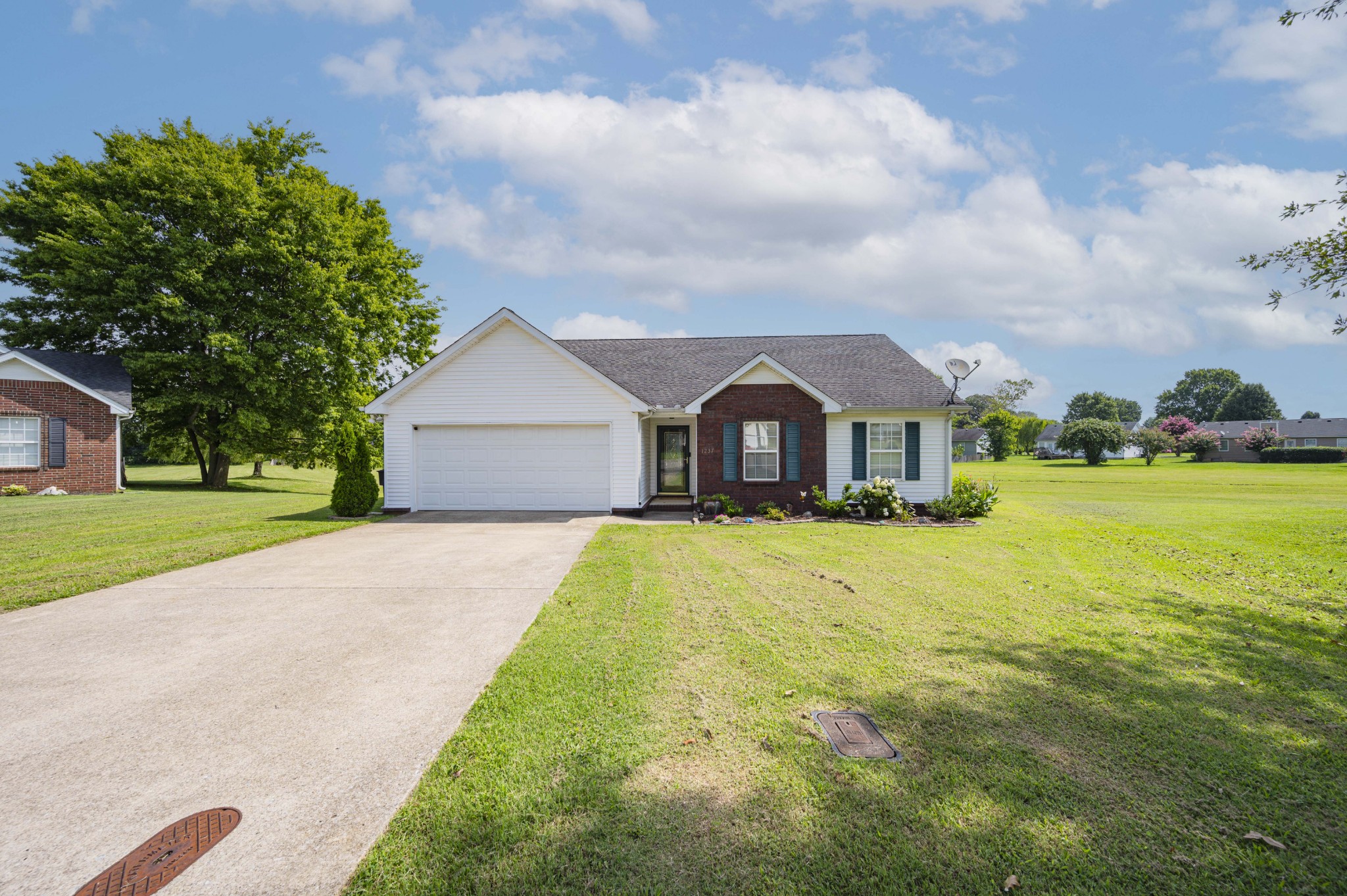 a front view of house with yard and green space