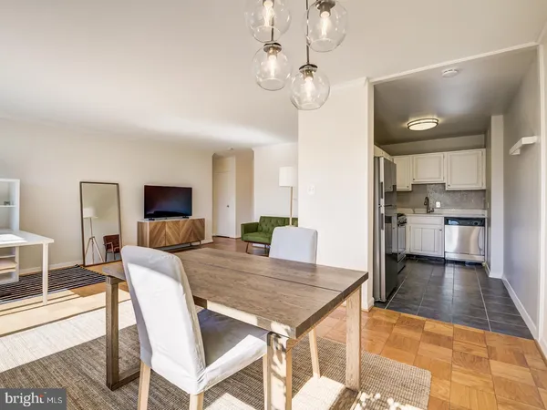 a view of a dining room with furniture