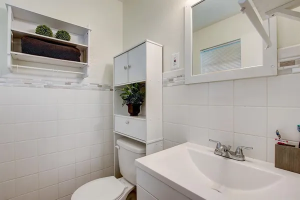 a bathroom with a sink a toilet and mirror